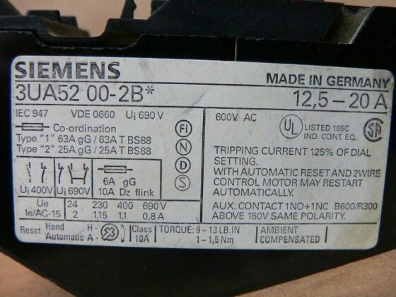3UA52-00-2B 12.5-20A Overload Relay Seimens