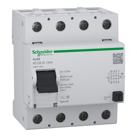 A9R11492 – Schneider Electric Residual current circuit breaker (RCCB), Acti9 RCCB-ID, 4P, 125A, AC type, 30mA — SCHNEIDER