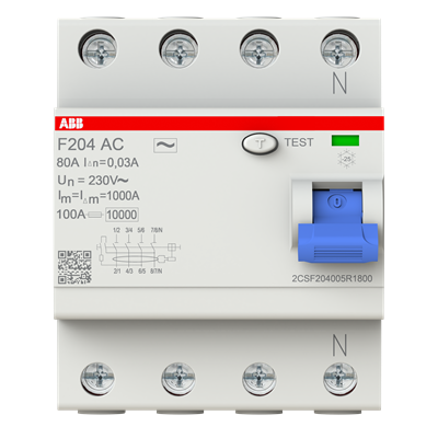ABB F204 AC-80/0.03 IEC 2CSF204005R1800 – RCCB 4 Pole AC 80A, 30MA PN 2CSF204005R1800 — ABB