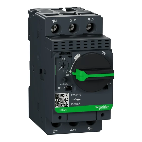 GV2P10 – Schneider Electric Motor circuit breaker, TeSys GV2, 3P, 4-6.3 A, thermal magnetic, screw clamp terminals — SCHNEIDER