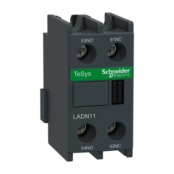 LADN11 – Schneider Electric Auxiliary contact block, TeSys D, 1NO + 1NC, front mounting, screw terminals — SCHNEIDER