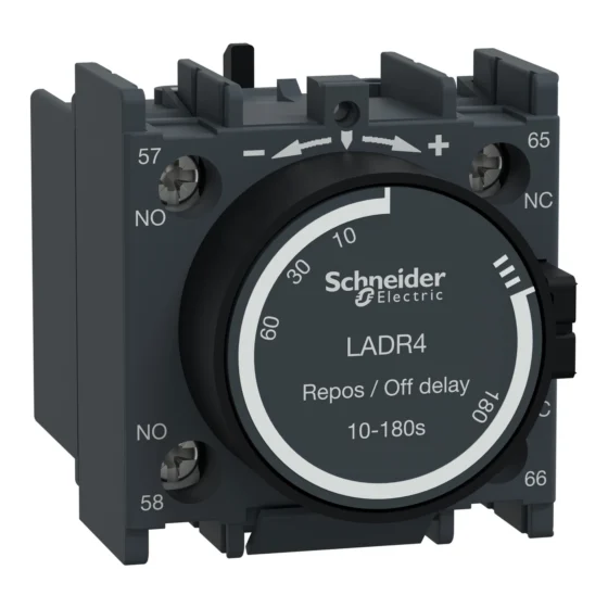 LADR4 – Schneider Electric Time delay auxiliary contact block, TeSys D, 1NO + 1NC, off delay 10-180s, front, screw clamp terminals — SCHNEIDER