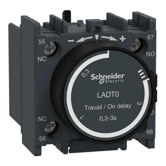 LADT0 – Schneider Electric Time delay auxiliary contact block, TeSys D, 1NO + 1NC, on delay 0.3-3s, front, screw clamp terminals — SCHNEIDER