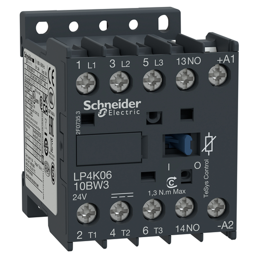 LP4K0610BW3 – Schneider Electric Contactor, TeSys K, 3P, AC-3/AC-3e, 440V, 6A, 1NO aux, 24V DC low consumption coil — SCHNEIDER
