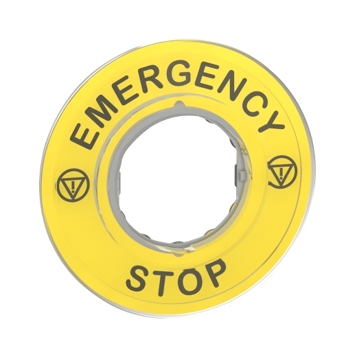 ZBY9320 – Schneider Electric marked legend Ø60 for emergency stop – EMERGENCY STOP/logo ISO13850 — SCHNEIDER